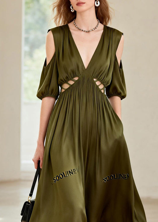 Fashion Green Hollow Out Wrinkled Chiffon Long Dress Summer