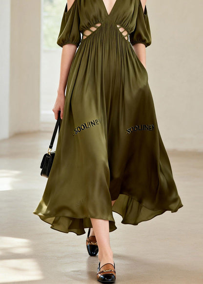 Fashion Green Hollow Out Wrinkled Chiffon Long Dress Summer