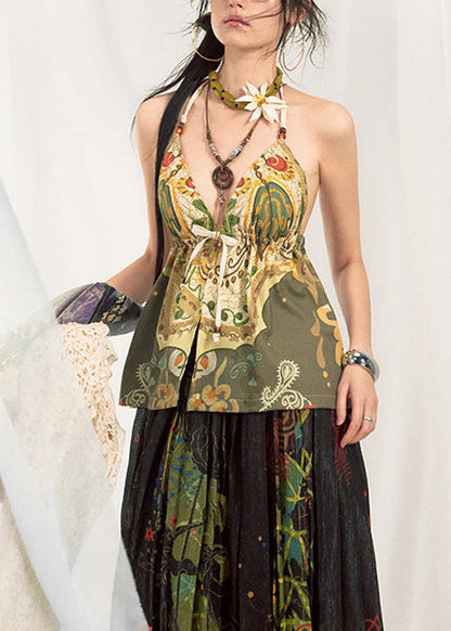 Fashion Green Oversized Print Cotton Halter Tops Summer