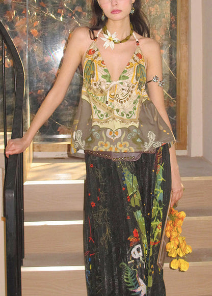 Fashion Green Oversized Print Cotton Halter Tops Summer