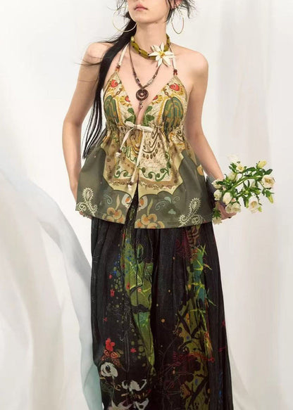 Fashion Green Oversized Print Cotton Halter Tops Summer