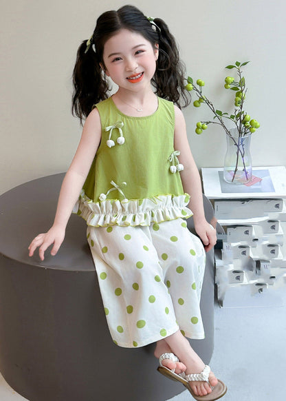 Fashion Green Patchwork Kids Vest And Crop Pants Two Pieces Set Sleeveless