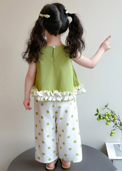 Fashion Green Patchwork Kids Vest And Crop Pants Two Pieces Set Sleeveless