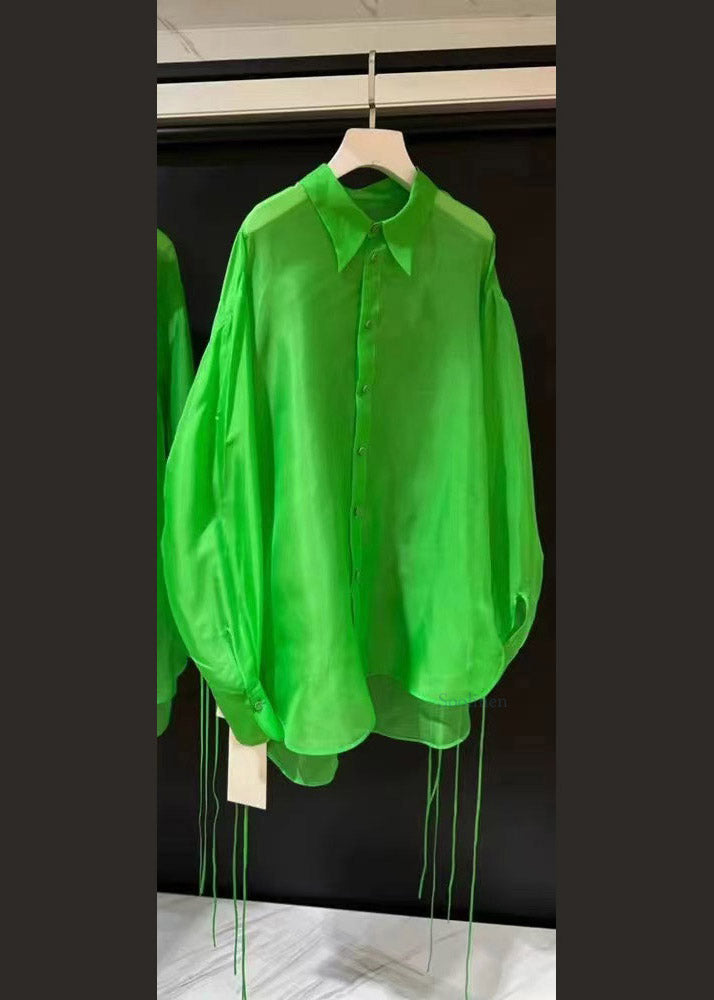 Fashion Green Peter Pan Collar Low High Design Silk Shirt Spring