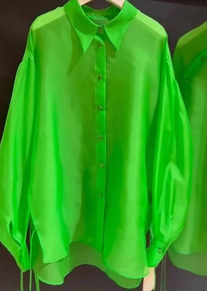Fashion Green Peter Pan Collar Low High Design Silk Shirt Spring