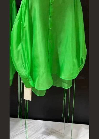 Fashion Green Peter Pan Collar Low High Design Silk Shirt Spring