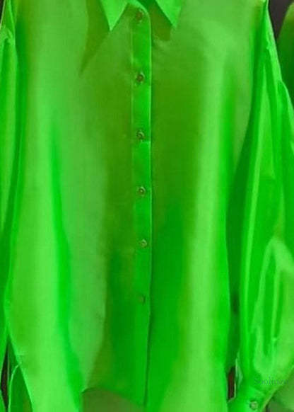 Fashion Green Peter Pan Collar Low High Design Silk Shirt Spring