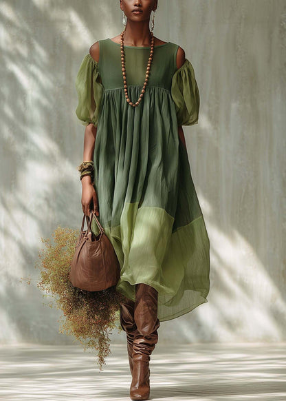 Fashion Green Puff Sleeve Patchwork Cotton Vacation Dress