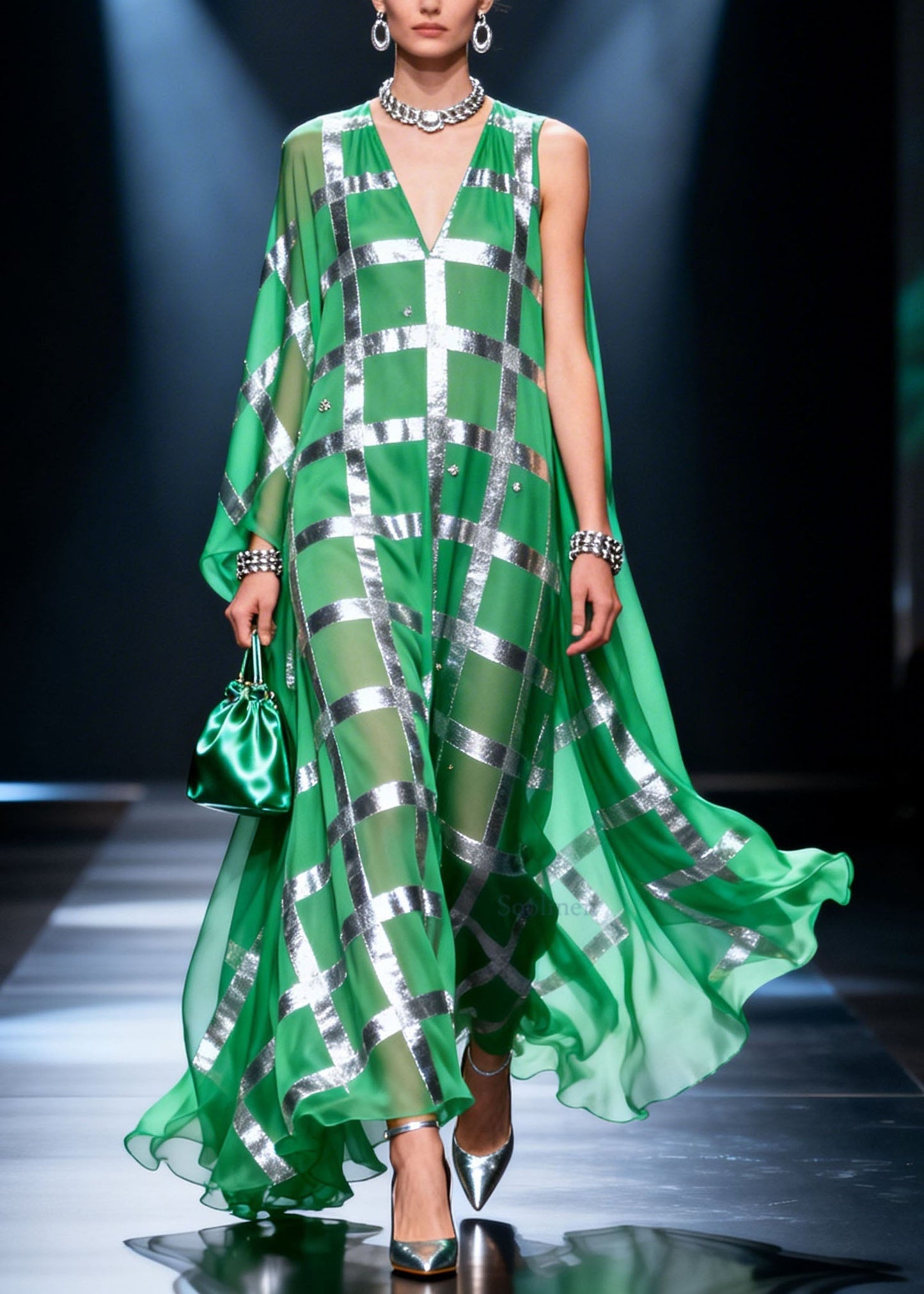 Fashion Green V Neck Print Chiffon Long Dress Summer