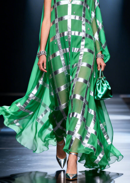 Fashion Green V Neck Print Chiffon Long Dress Summer