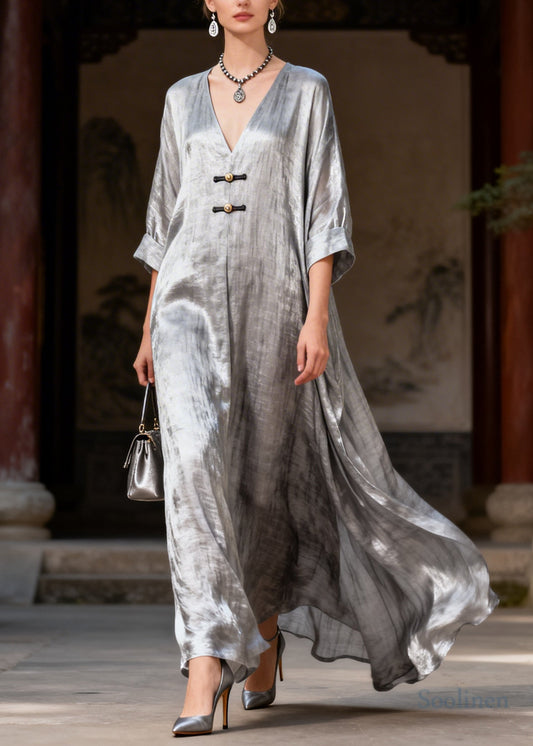 Fashion Grey Exra Large Hem Chinese Button Silk Maxi Dresses Summer