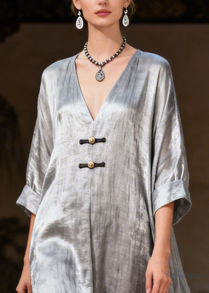 Fashion Grey Exra Large Hem Chinese Button Silk Maxi Dresses Summer