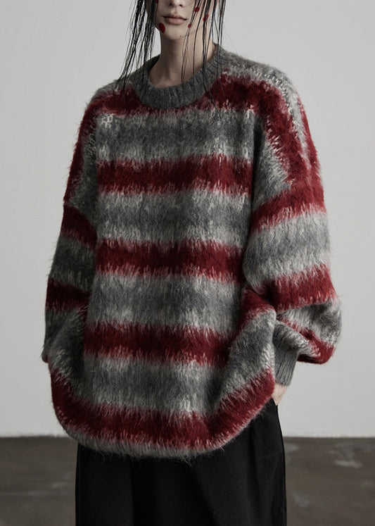 Fashion Grey Oversized Striped Knit Short Sweater Winter