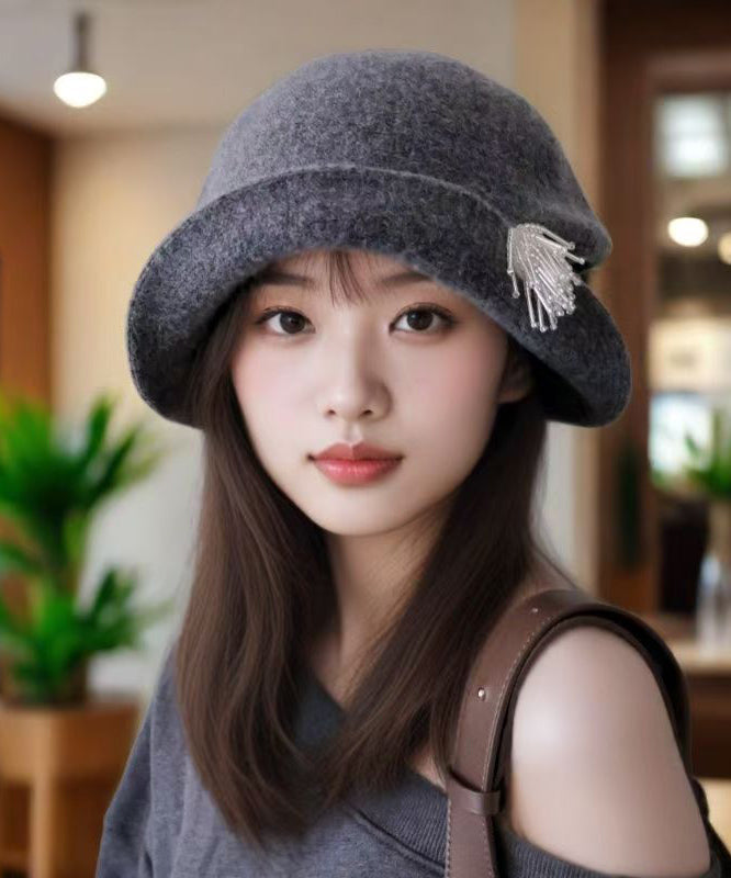 Fashion Grey Pearl Head Ornaments Woolen Bucket Hat