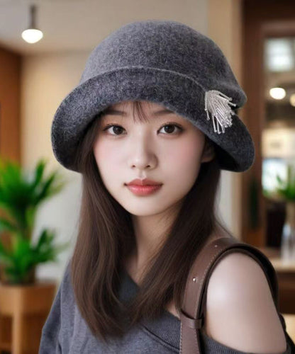 Fashion Grey Pearl Head Ornaments Woolen Bucket Hat