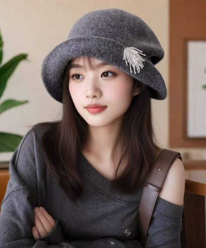Fashion Grey Pearl Head Ornaments Woolen Bucket Hat