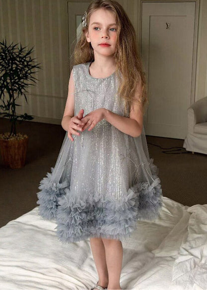 Fashion Grey Sequins Tulle Girls Holiday Long Dress Summer