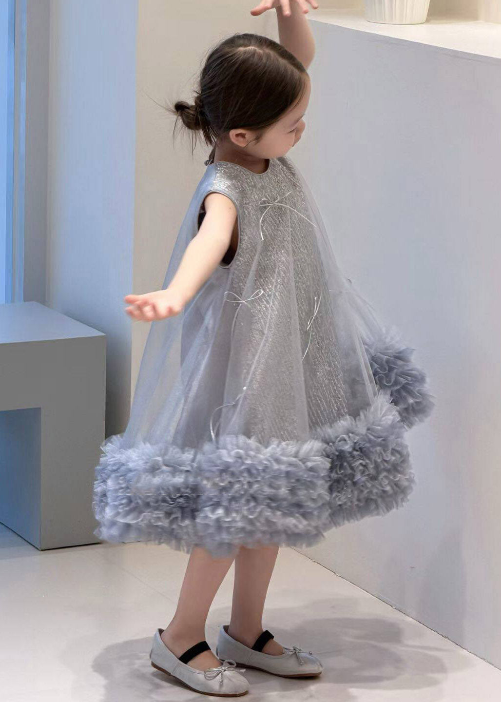 Fashion Grey Sequins Tulle Girls Holiday Long Dress Summer