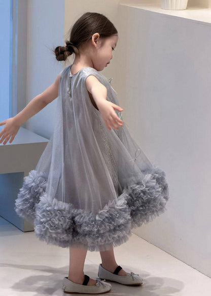 Fashion Grey Sequins Tulle Girls Holiday Long Dress Summer