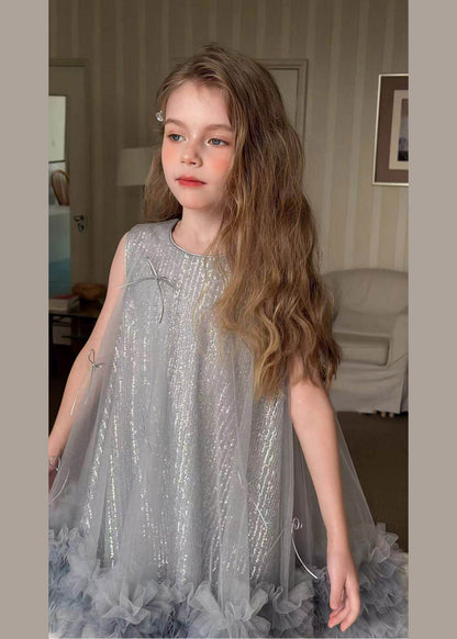 Fashion Grey Sequins Tulle Girls Holiday Long Dress Summer