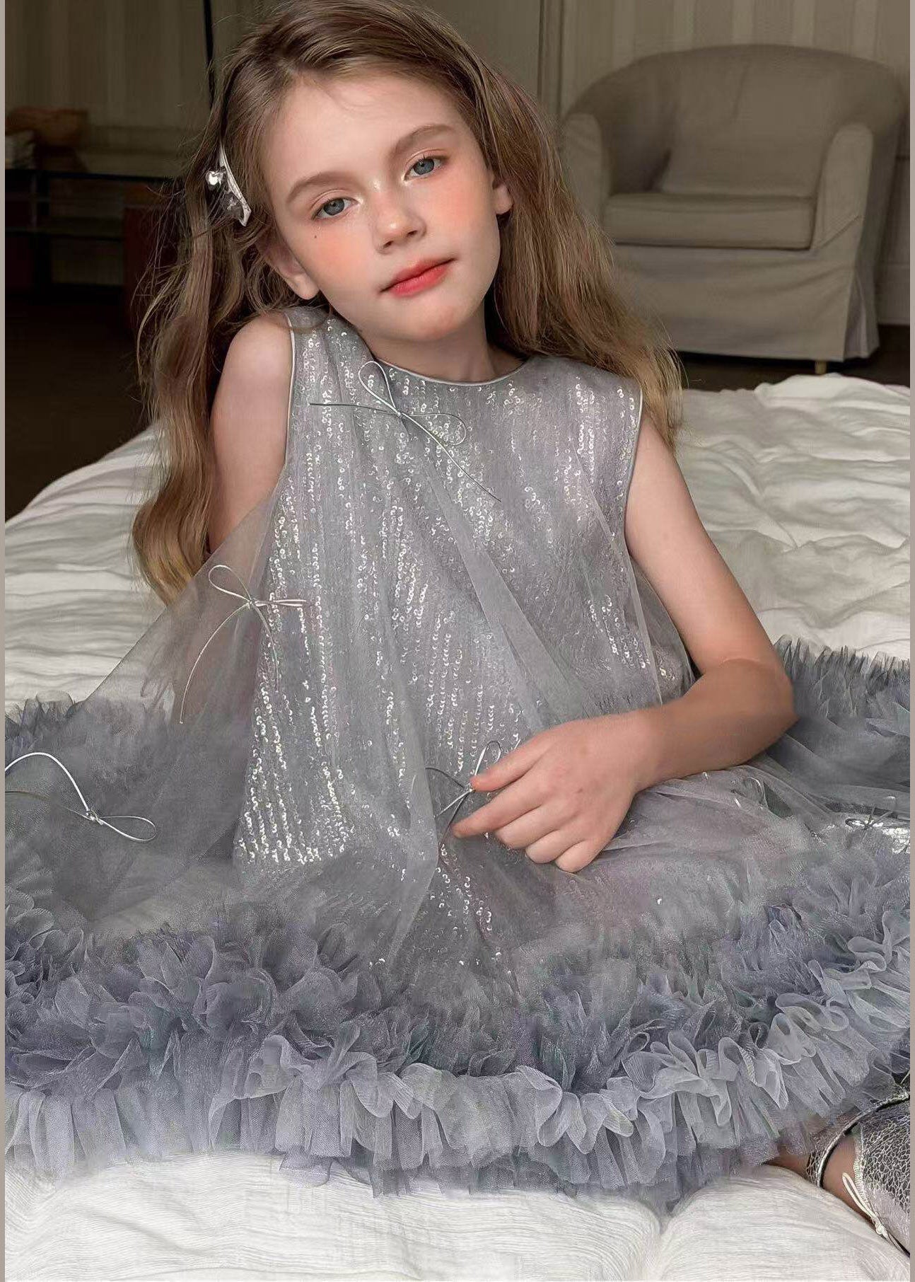 Fashion Grey Sequins Tulle Girls Holiday Long Dress Summer