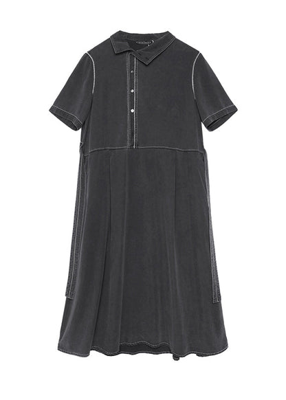 Fashion Grey Stand Collar Lace Up Patchwork Denim Dress Summer