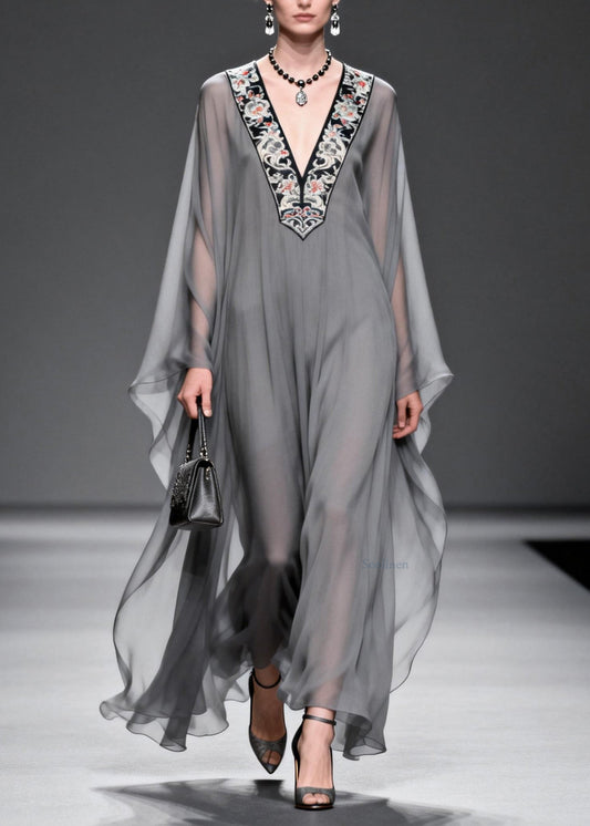 Fashion Grey V Neck Print Patchwork Chiffon Maxi Dresses Spring
