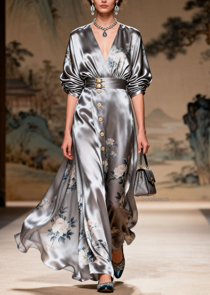 Fashion Grey V Neck Print Patchwork Silk Two Piece Set Summer