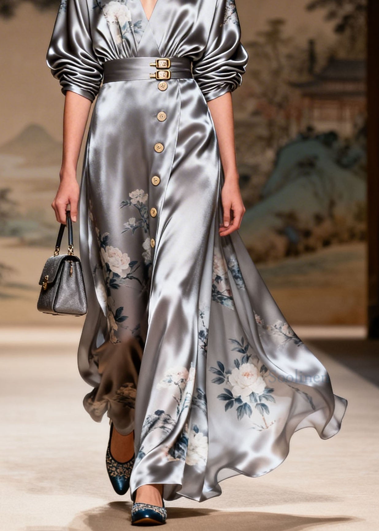 Fashion Grey V Neck Print Patchwork Silk Two Piece Set Summer