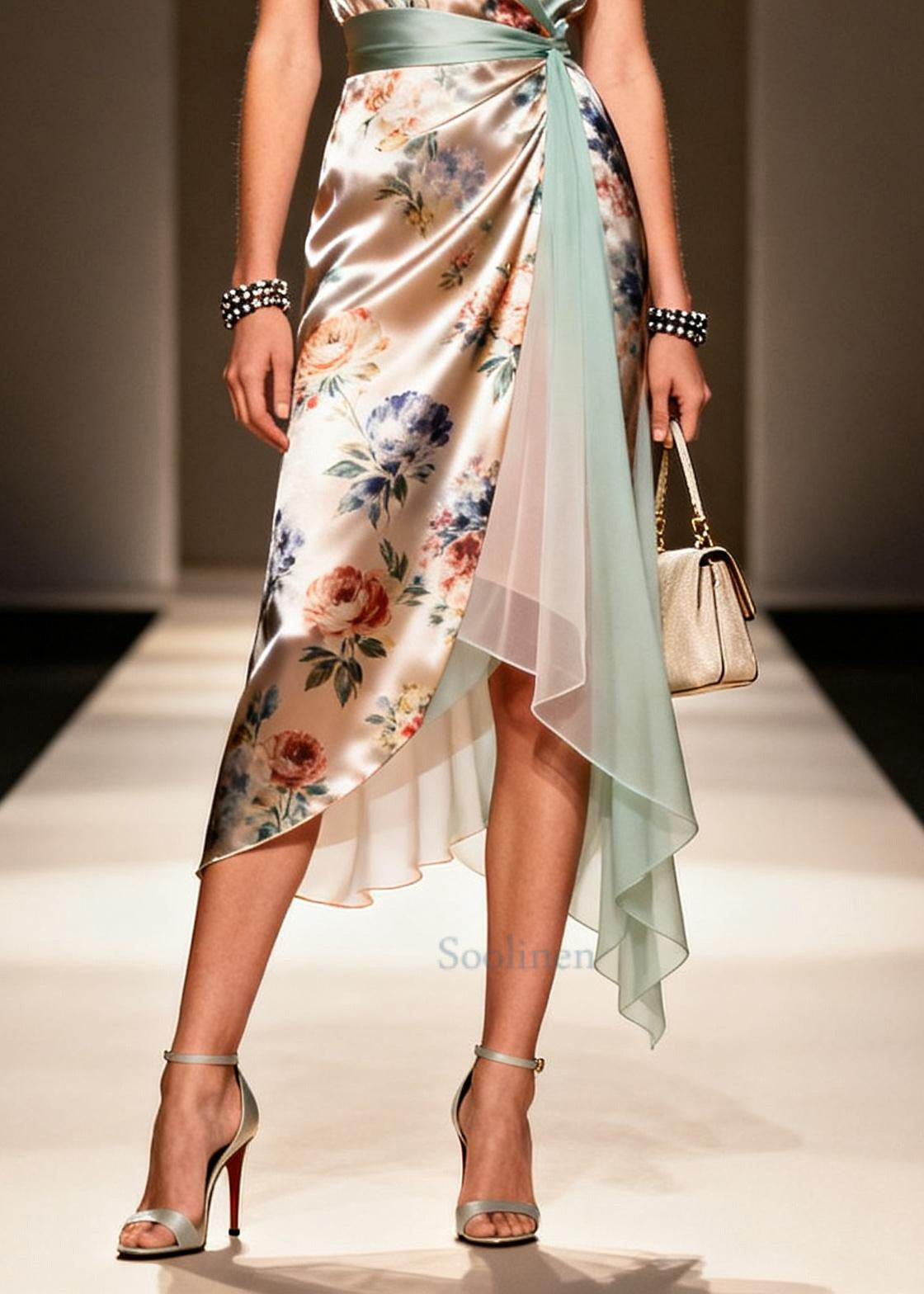 Fashion Khaki Asymmetrical Print Chiffon Maxi Dress Summer