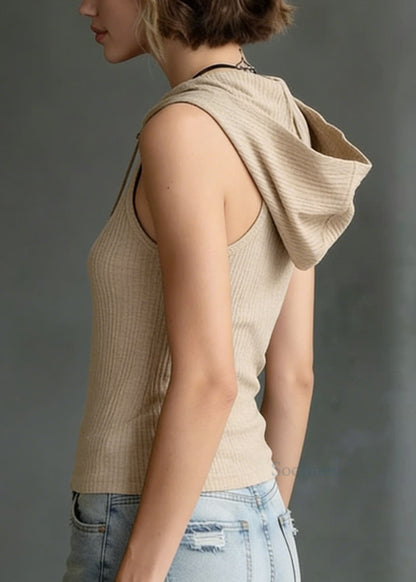 Fashion Khaki Cotton Knit Hooded Blouses Sleeveless