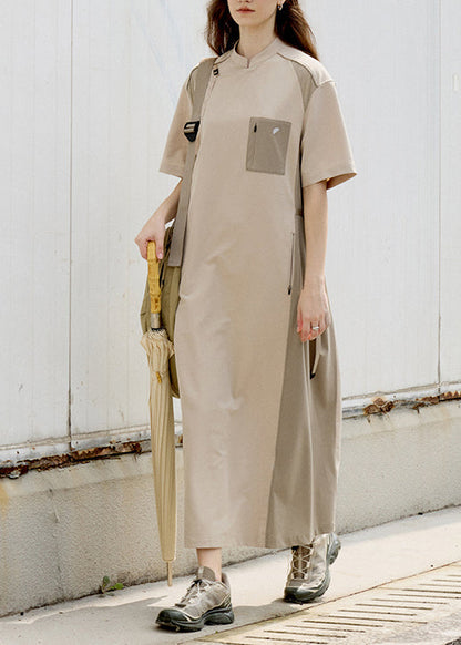 Fashion Khaki Stand Collar Pockets Patchwork Cotton Dress Summer
