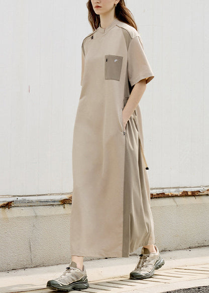 Fashion Khaki Stand Collar Pockets Patchwork Cotton Dress Summer