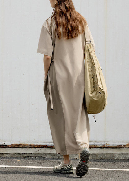 Fashion Khaki Stand Collar Pockets Patchwork Cotton Dress Summer