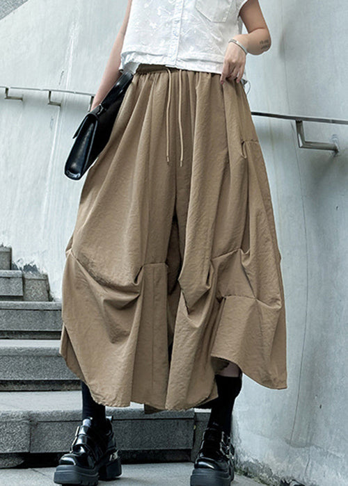 Fashion Khaki Wrinkled Patchwork Elastic Waist Cotton Skirt Summer