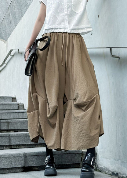 Fashion Khaki Wrinkled Patchwork Elastic Waist Cotton Skirt Summer