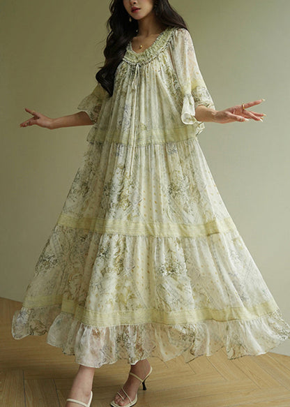 Fashion Light Green Ruffled Print Wrinkled Maxi Dress Short Sleeve