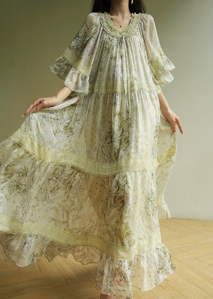 Fashion Light Green Ruffled Print Wrinkled Maxi Dress Short Sleeve