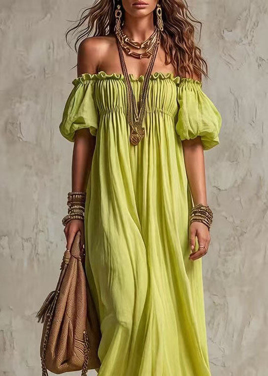 Fashion Light Green Slash Neck Ruffled Patchwork Cotton Dress Summer