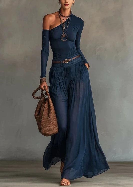Fashion Navy Cold Shoulder Cotton Two Piece Set Women Clothing Fall