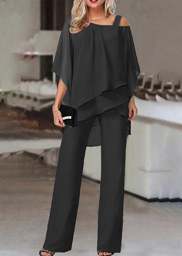 Fashion Navy Cold Shoulder Patchwork Chiffon Two Pieces Set Summer
