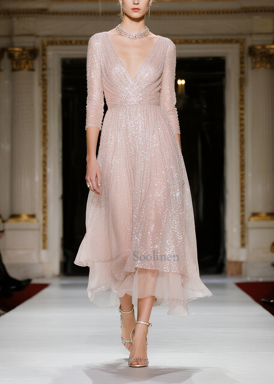 Fashion Nude Sequins V Neck Tulle Vacation Dresses Summer