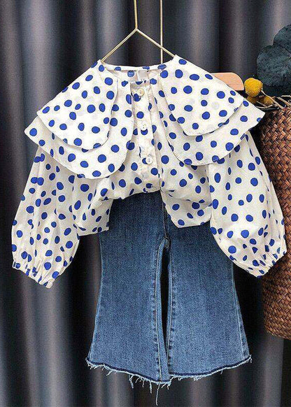 Fashion O-Neck Dot Print Kids Shirts And Jeans Two Piece Set Fall
