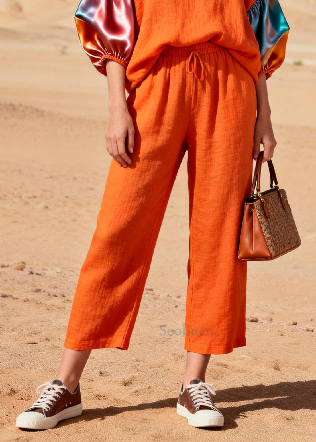 Fashion Orange V Neck Patchwork Linen 2 Piece Outfit Lantern Sleeve