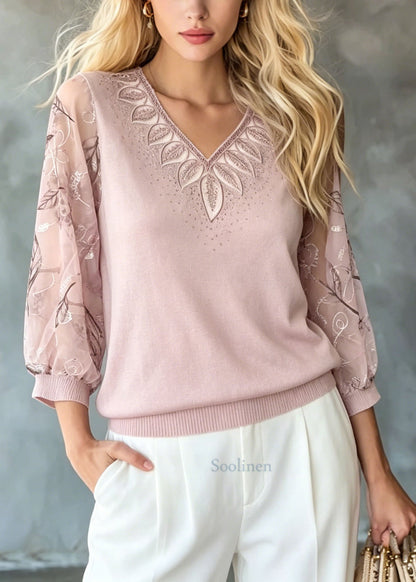 Fashion Pink Embroidered Zircon Knit Top Bracelet Sleeve