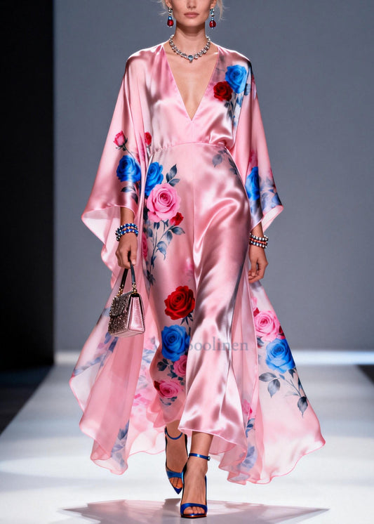 Fashion Pink Oversized Floral Print Silk Vacation Dress Summer