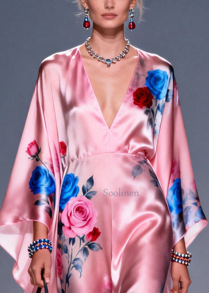Fashion Pink Oversized Floral Print Silk Vacation Dress Summer
