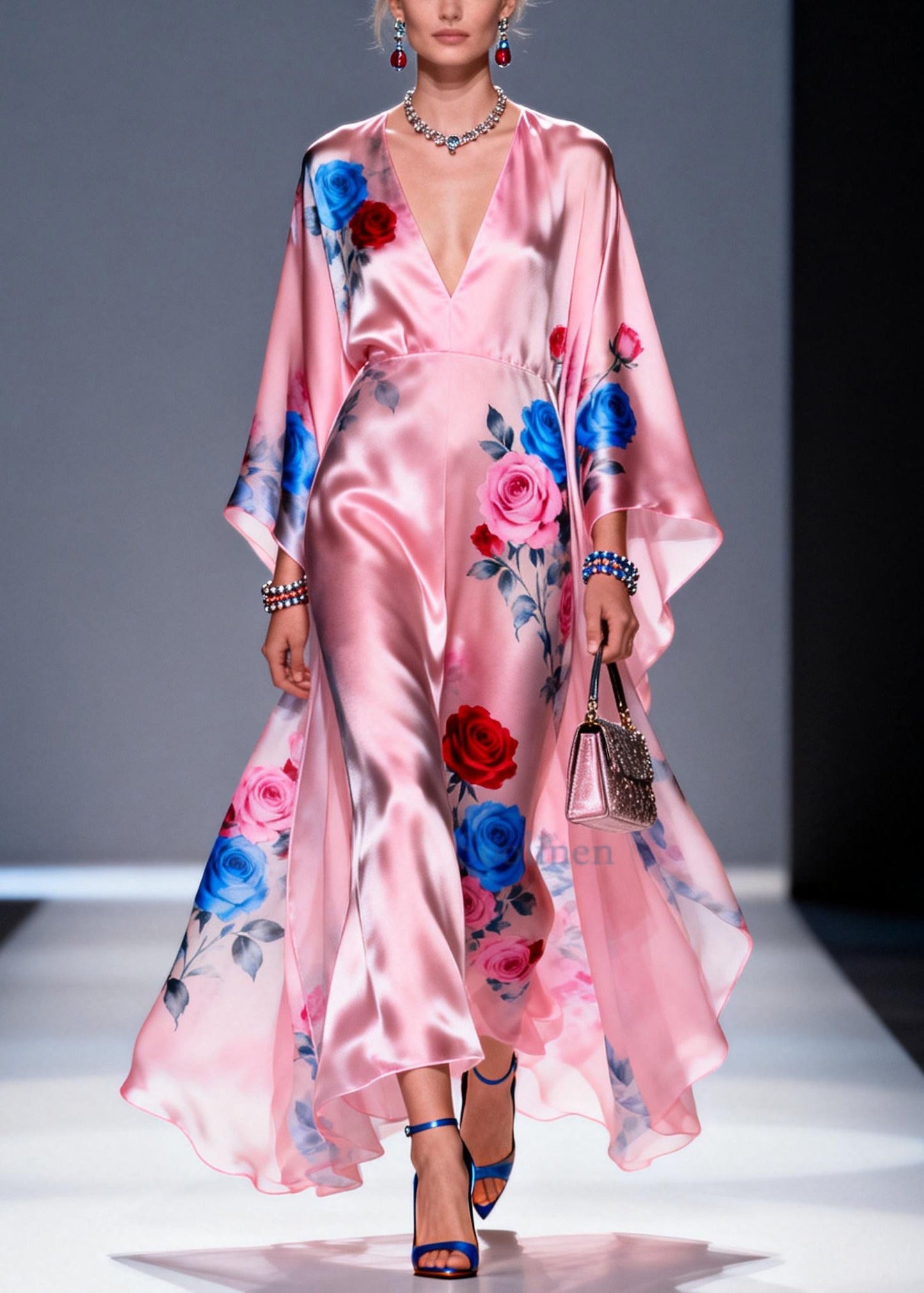 Fashion Pink Oversized Floral Print Silk Vacation Dress Summer