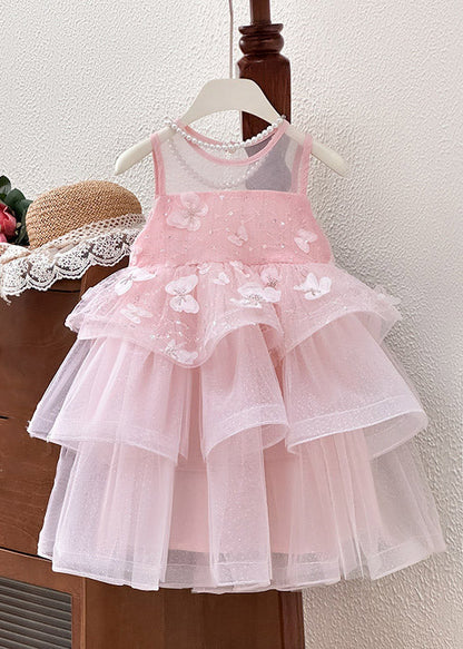 Fashion Pink Patchwork Butterfly Tulle Kids Vacation Maxi Dresses Sleeveless