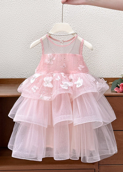 Fashion Pink Patchwork Butterfly Tulle Kids Vacation Maxi Dresses Sleeveless
